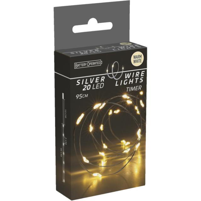 Sølvwire 20 LED Varm Hvid Timer/Silberdraht 20 LED warmweiß mit Timer